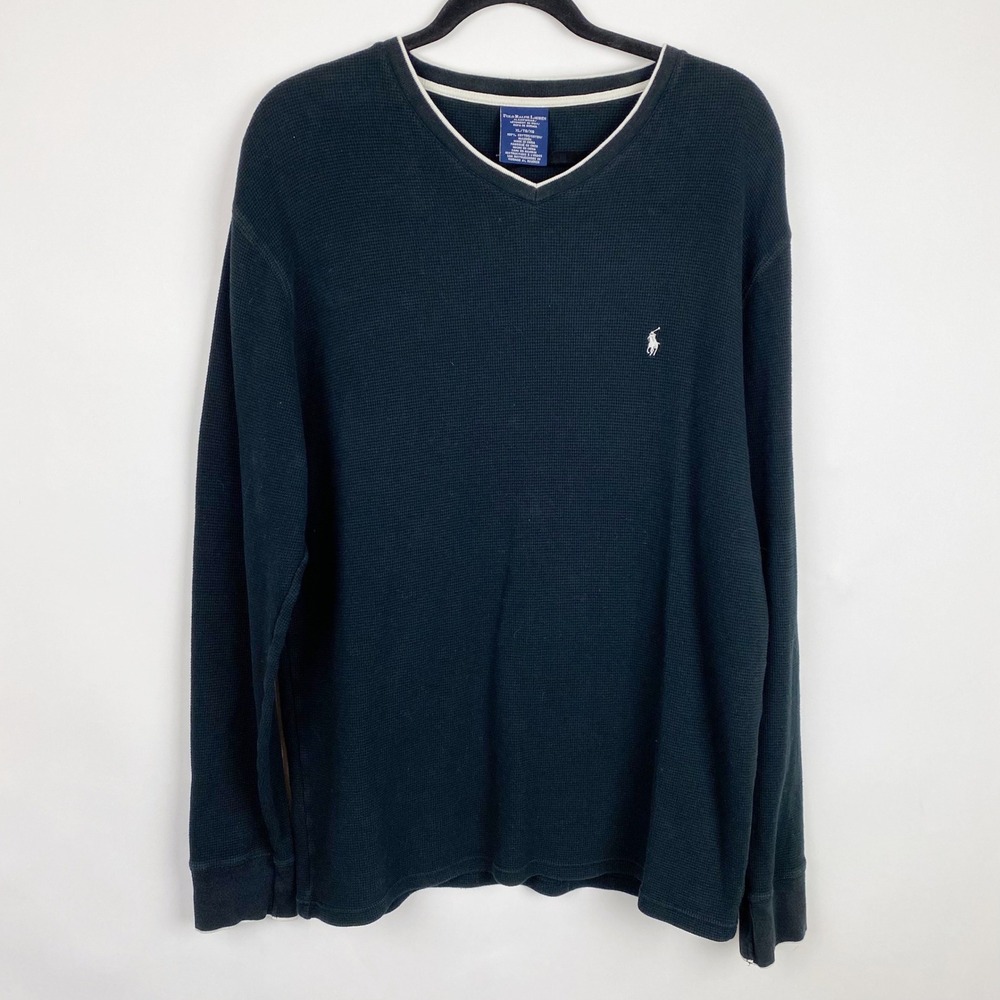 Polo Ralph Lauren Mens Black‎ Waffle Knit Long Sleeve V Neck Sleep Shirt XL